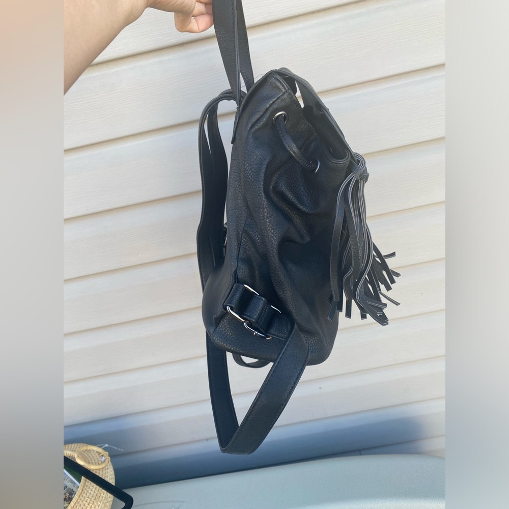 Hibou P/U Leather Black Fringe Backpack